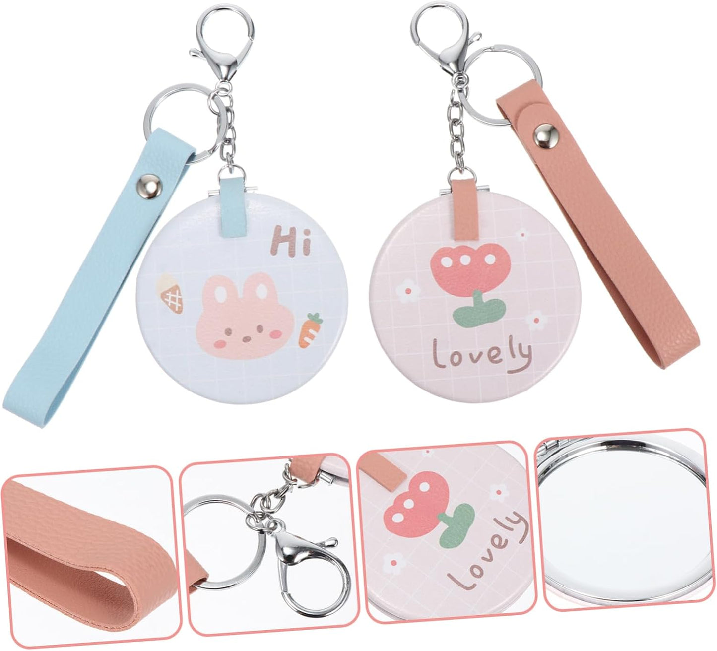 Wholesale mini round pocket mirrors. Metal folding flip - cover. Portable and cute for girls. Creative hand - held makeup touch - up small mirrors with lanyards.