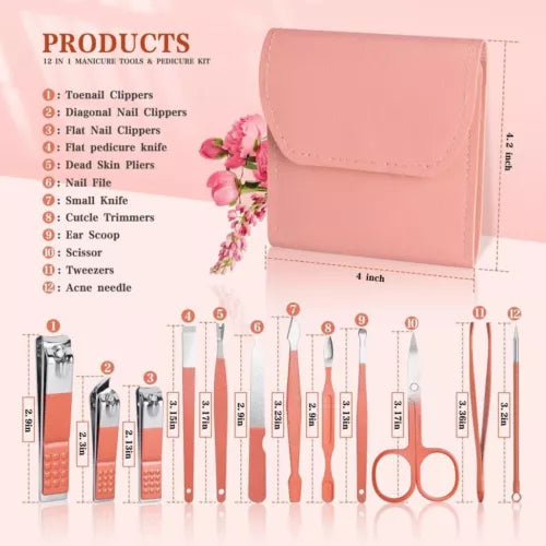 12 in 1 Nail Clippers Kit Stainless Steel Pedicure Grooming Set Full Function Nail Care Tools Manicure Set With PU Travel Case